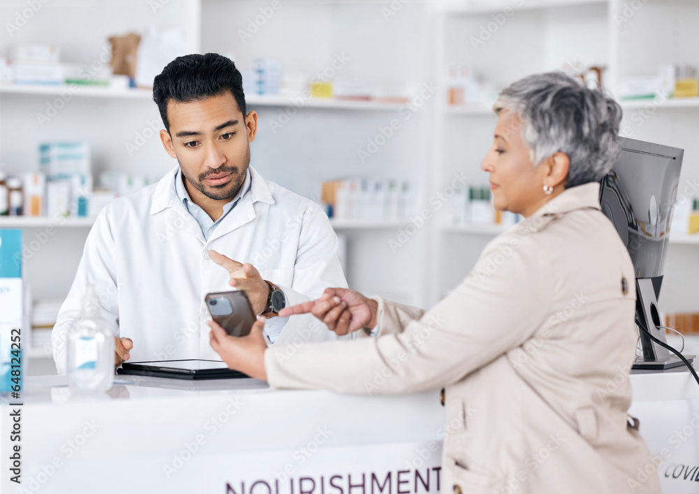 Pharmacy, medicine and senior woman phone with healthcare, medical and clinic worker with web prescription. Customer, mobile and consultation with pharmacist and tablet and online information