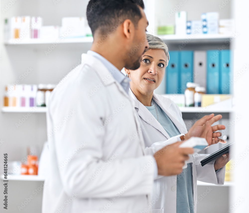 Pharmacy communication, medicine and people teamwork on medical, quality assurance or inventory inspection. Healthcare, clinic partner or pharmacist check pharmaceutical supplements, storage or stock