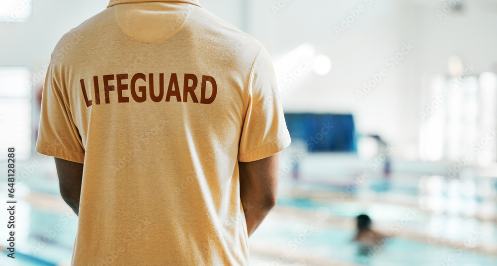 Lifeguard safety, swimming pool and back of person ready for job, rescue support or helping with danger, security or life saving. Mockup space, public worker and first aid expert for protection care