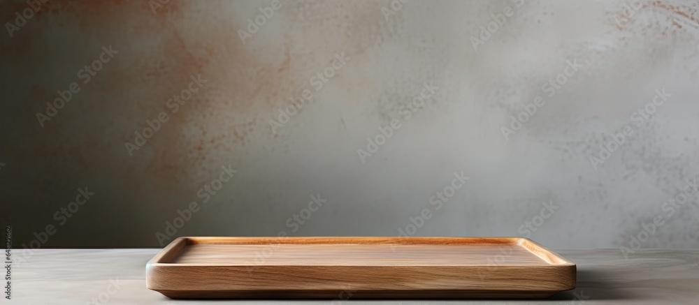 Wooden tray on wooden table with gray cement wall background ideal for product display or design layout