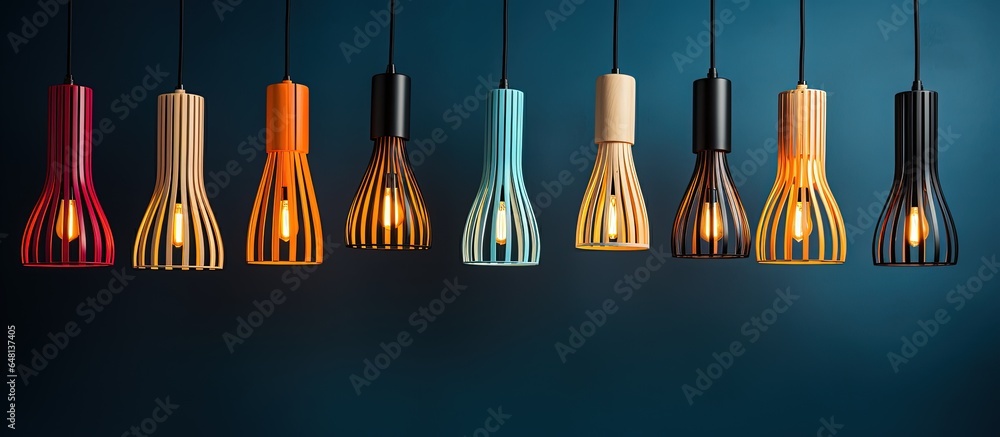 Scandinavian style wooden chandeliers suspended on vibrant backdrop