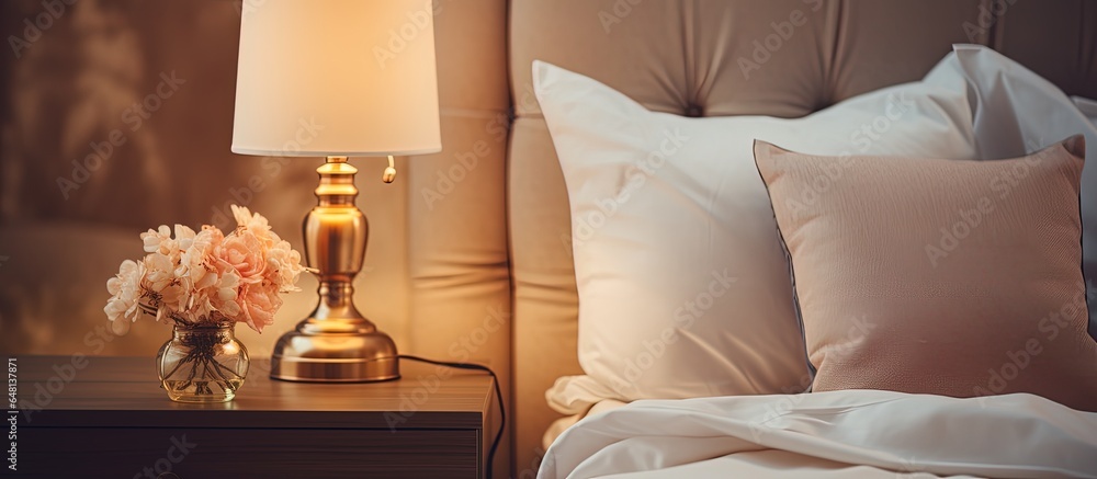 White pillow and a lamp placed on a hotel bed