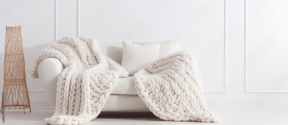 Stylish and cozy Scandinavian interior with a hand knitted merino wool chunky blanket