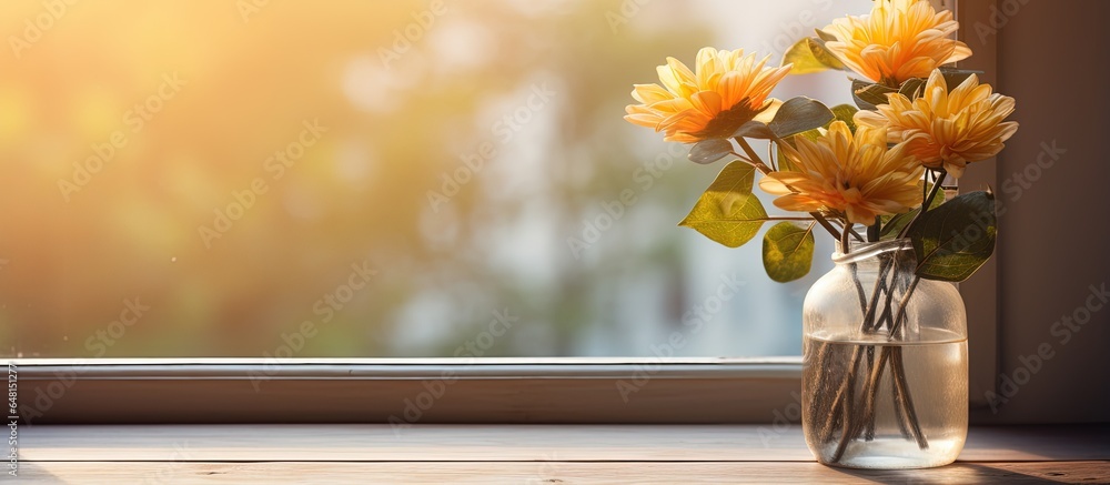 The morning vase holds a yellow flower on the table near the window