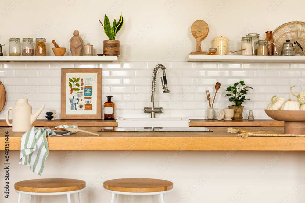 Creative composition of kitchen interior with mock up poster frame, wooden kitchen island, simple barstool, silver tap, beige pitcher, vegetable and personal accessories. Home decor. Template.