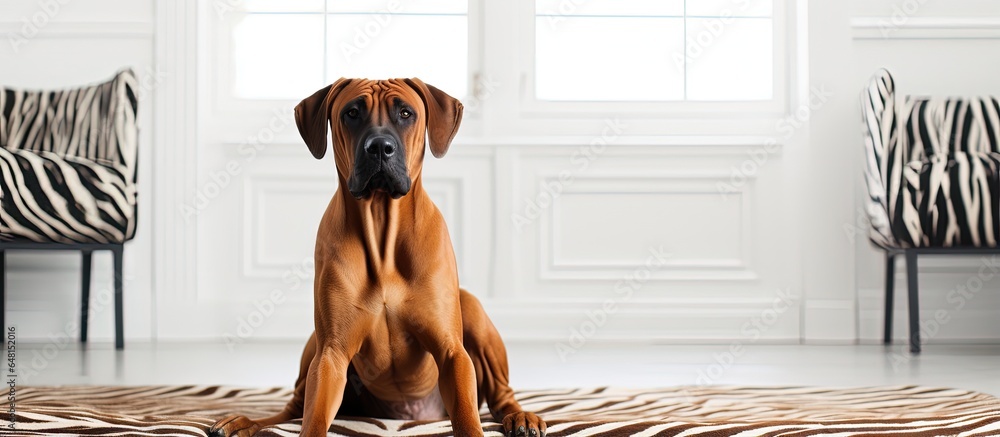 Rhodesian Ridgeback sitting on zebra print carpet in a white room