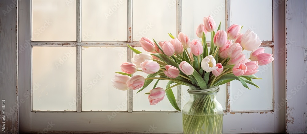 Tulips in a vintage window shabby chic design empty area