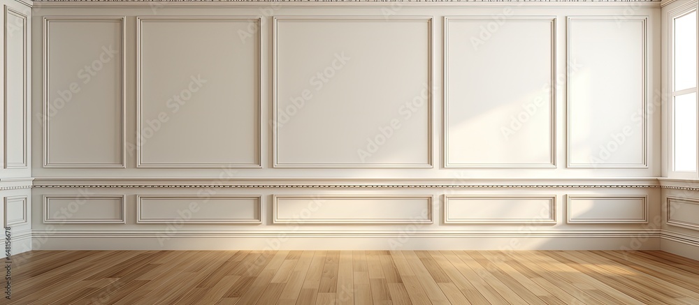 The light wood cornice and floor complements the white wall