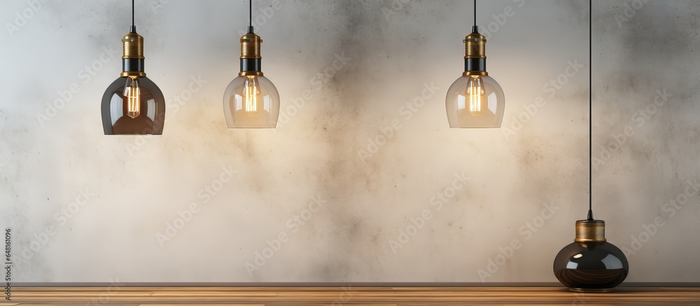 Three hanging lamps in an empty room white wall background