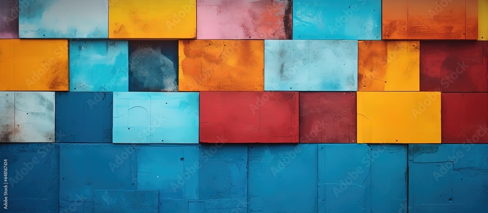 Various abstract artwork displayed on walls featuring colorful and diverse backgrounds and textures