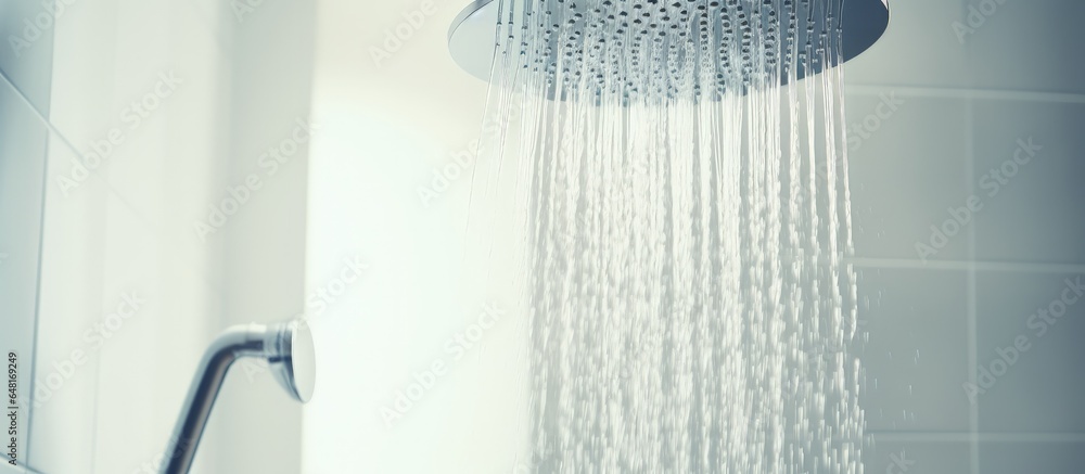 Water descending from showerhead in a white bathroom