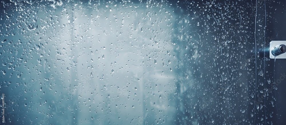 Shower room in bathroom with textured glass background and water droplets