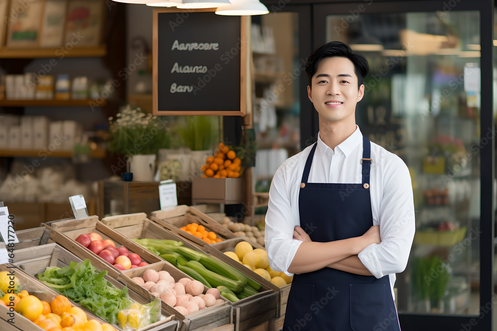 Portrait of happy asian male shopkeeper standing in a grocery store pose crossed his arms, smiling business owner standing confident in his grocery store