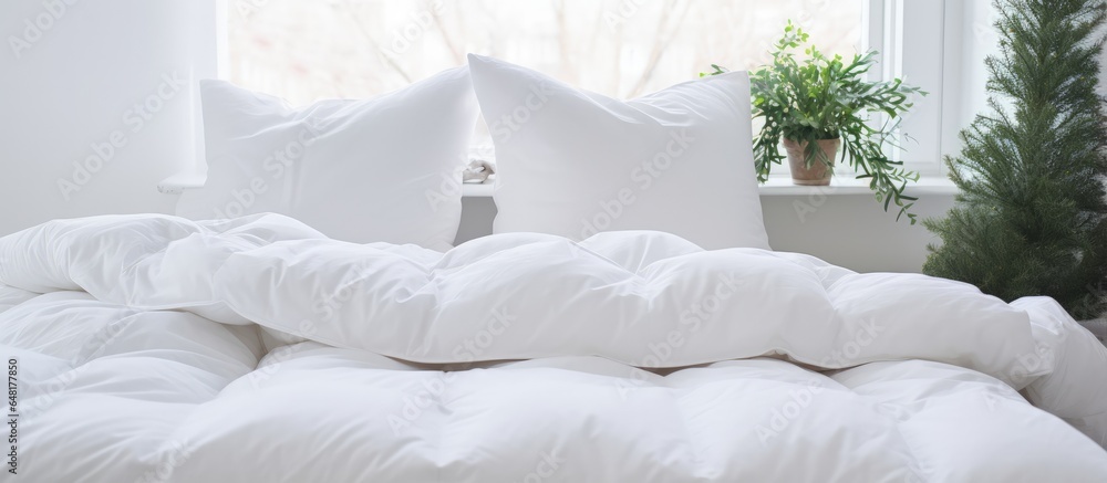 White pillows and a white quilt on a bed in a bedroom