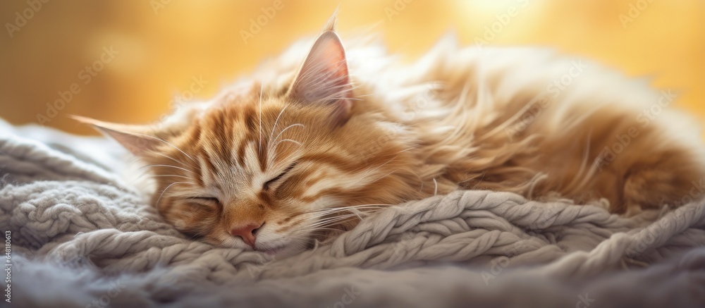 Tabby cat of mixed breed sleeping and awaiting adoption at shelter