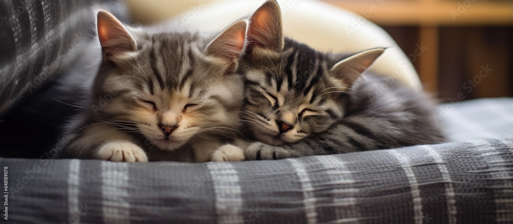 Two cats one gray and one tabby are resting comfortably indoors A pair of fluffy kittens sleep on a gray sofa adding to the cozy atmosphere of the home