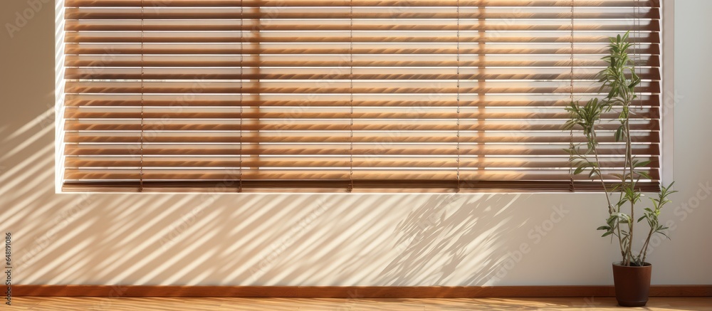 Wooden venetian blinds visible through glass on a white wall