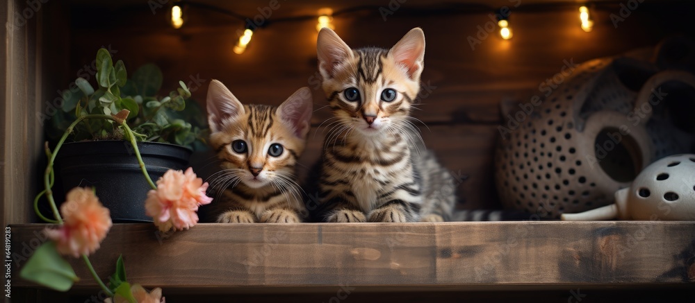 Two adorable Bengal kittens resting on a cozy indoor cat s shelf