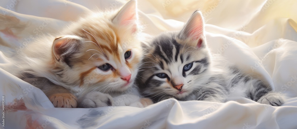 The baby cat and the mature cat rest on a thin material