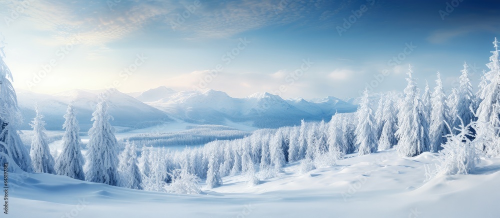 Scenic snowy mountain forest Happy holidays