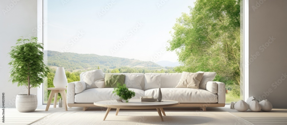 Scandinavian interior design showcasing a white room with a sofa and a window overlooking a green landscape portrayed in a illustration