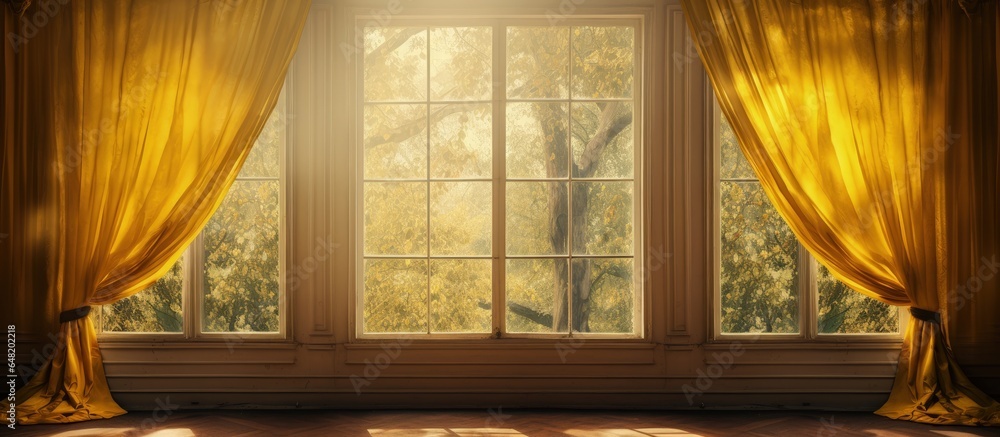 Window framed by gold curtains