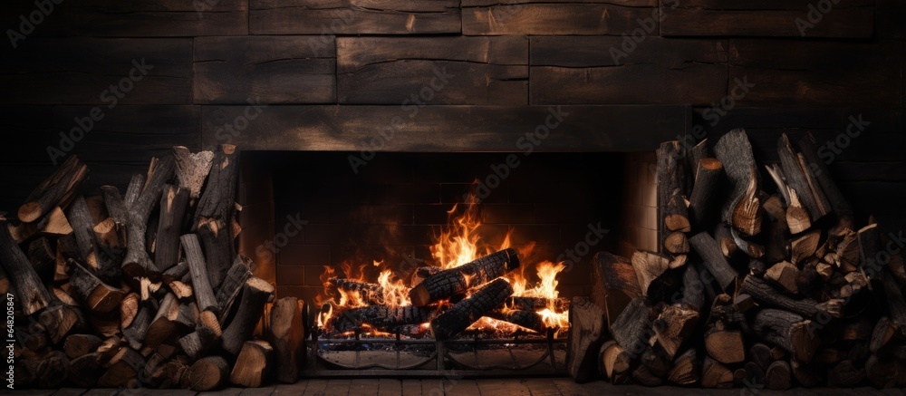 Wood burning and emitting light in a fireplace