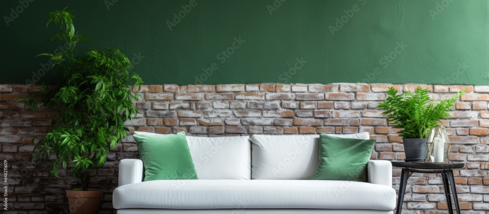 White couch with green cushions in living area with red brick wall