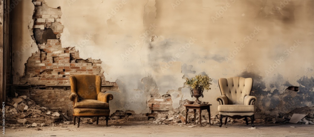 vintage house with damaged furniture