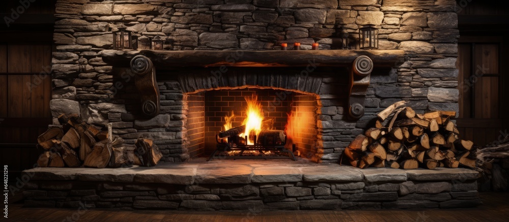 Stone fireplace ablaze