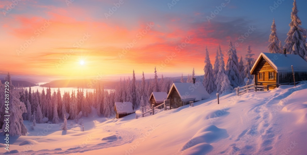 A city in a snowy town with a beautiful sunset