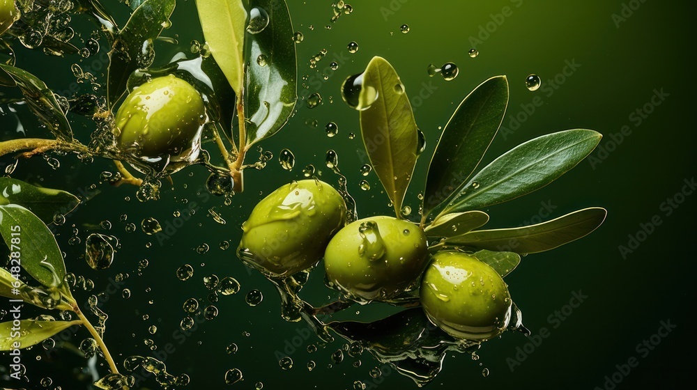 Olives and olive oil green background