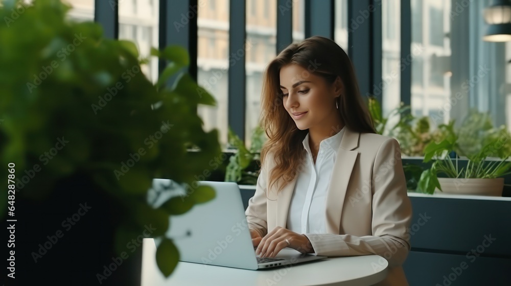 Plus size model girl with laptop