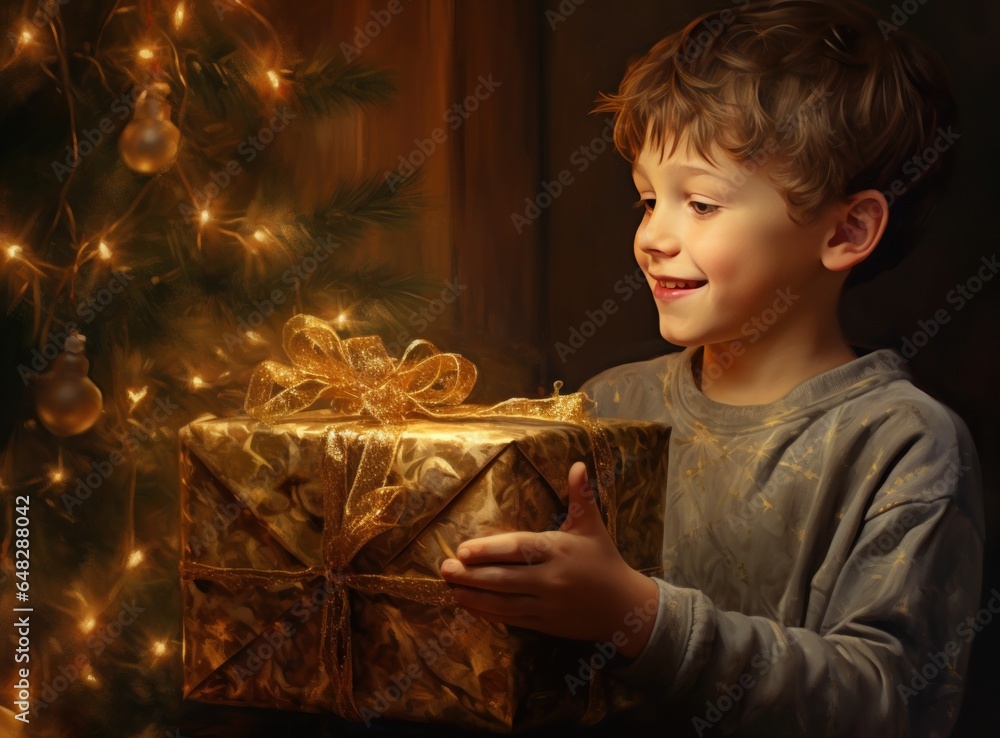 A young boy is excited to open his xmas present under the christmas tree