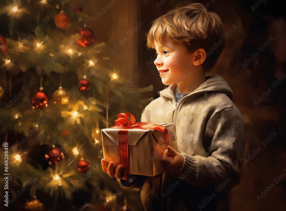 A young boy is excited to open his xmas present under the christmas tree