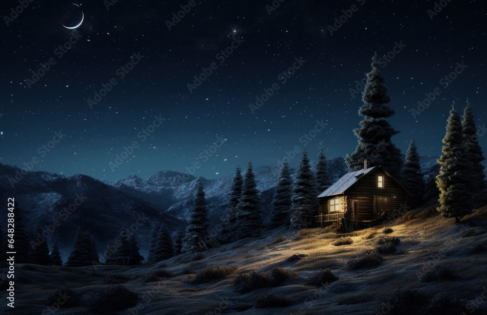 Wooden house in winter time.