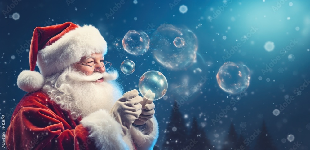 Santa clause blowing a bubble over a blue background