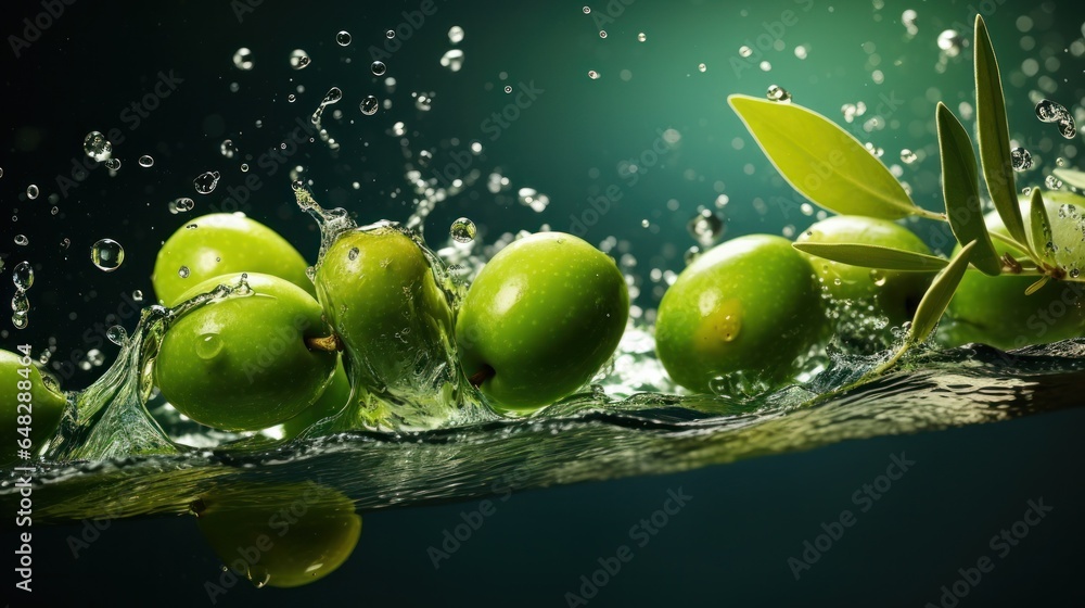 Olives and olive oil green background