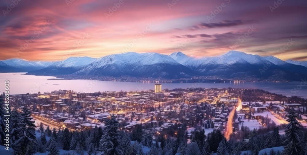 A city in a snowy town with a beautiful sunset