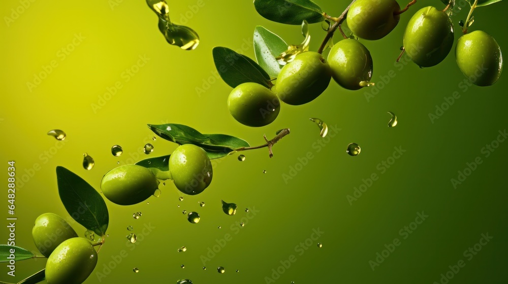 Olives and olive oil green background