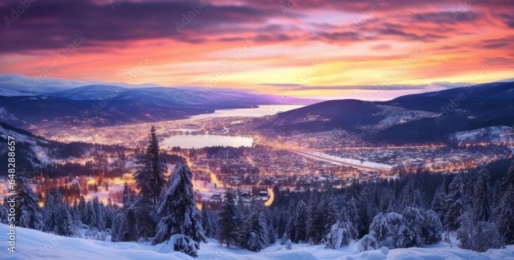 A city in a snowy town with a beautiful sunset