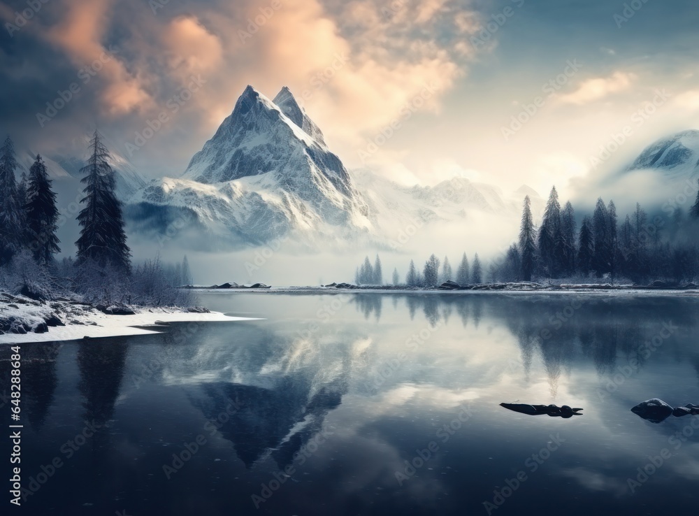 A beautiful landscape in winter with mountains reflected on the lake