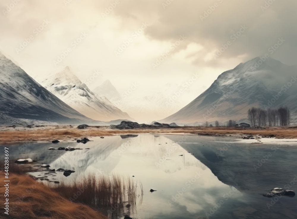 A beautiful landscape in winter with mountains reflected on the lake