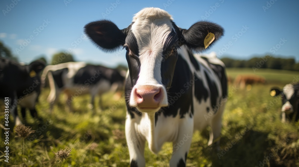 A cow standing in a lush green field.