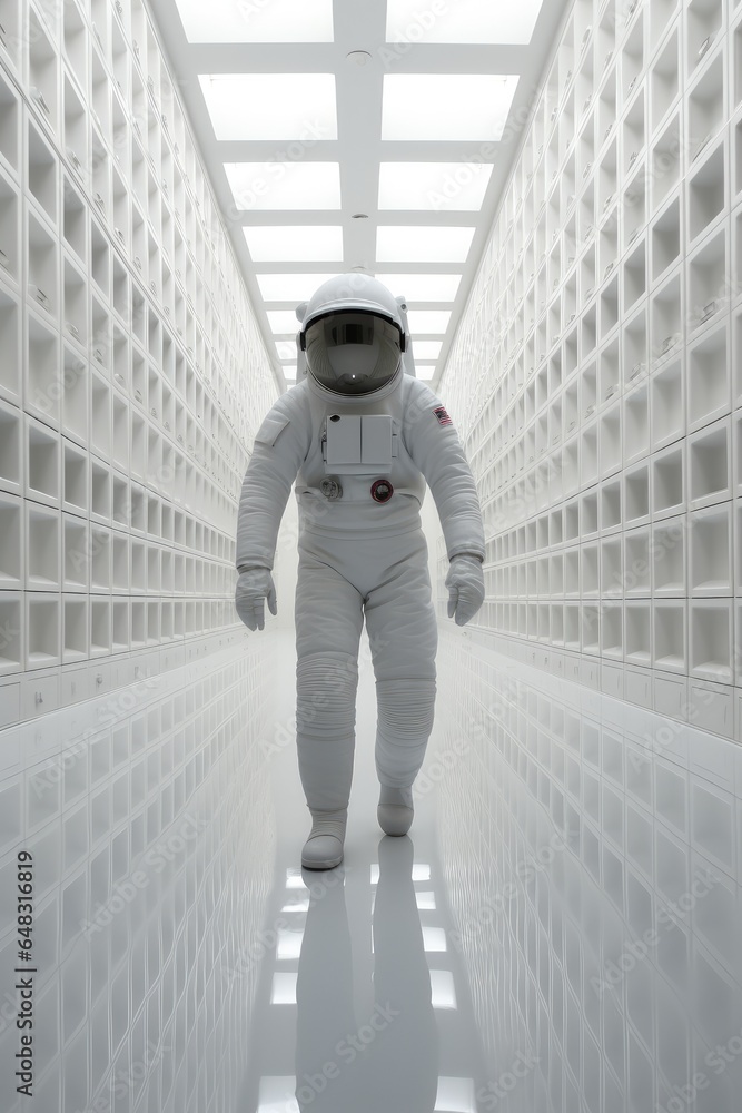 Astronaut floating in empty room, Modern and minimal white room.