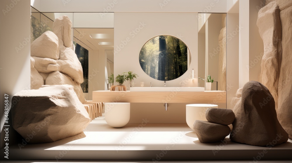 Bathroom decorated with stone. A modern futuristic high - end expensive, Uniquely designed.