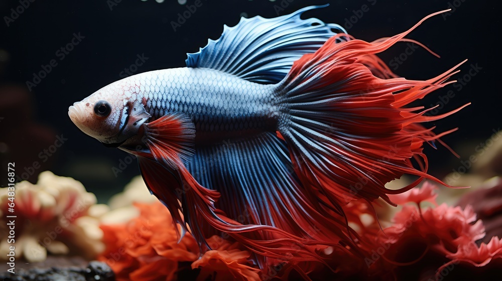 Beautiful Betta fish with long fins, Red blue and white color scheme.