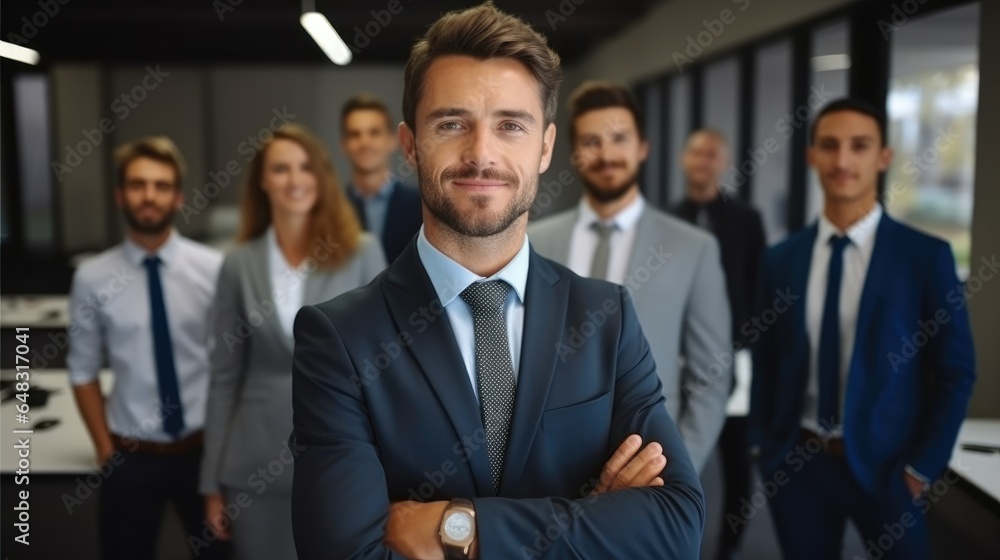 Middle aged business man CEO standing in office arms crossed, Confident professional executive manager.