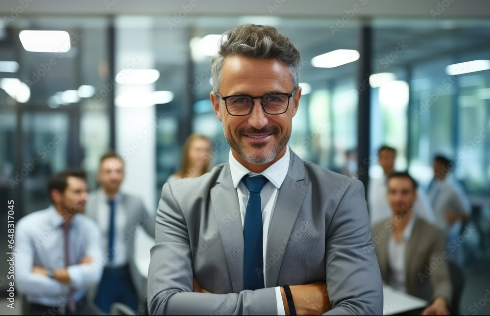 Middle aged business man CEO standing in office arms crossed, Confident professional executive manager.