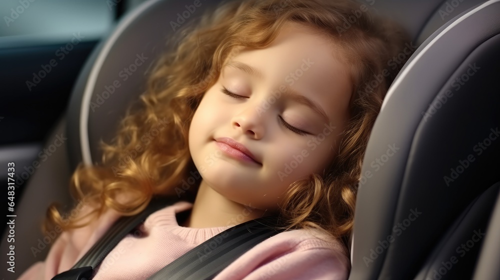 Little girl sleeping in child safety seat inside car.